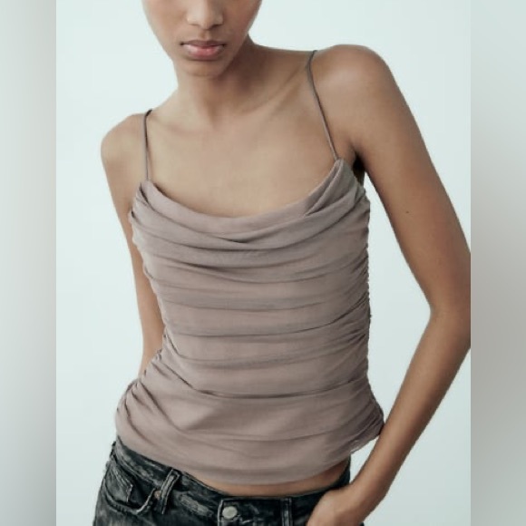 Zara NWT draped tulle spaghetti strap mesh thick corset top - Picture 2 of 6